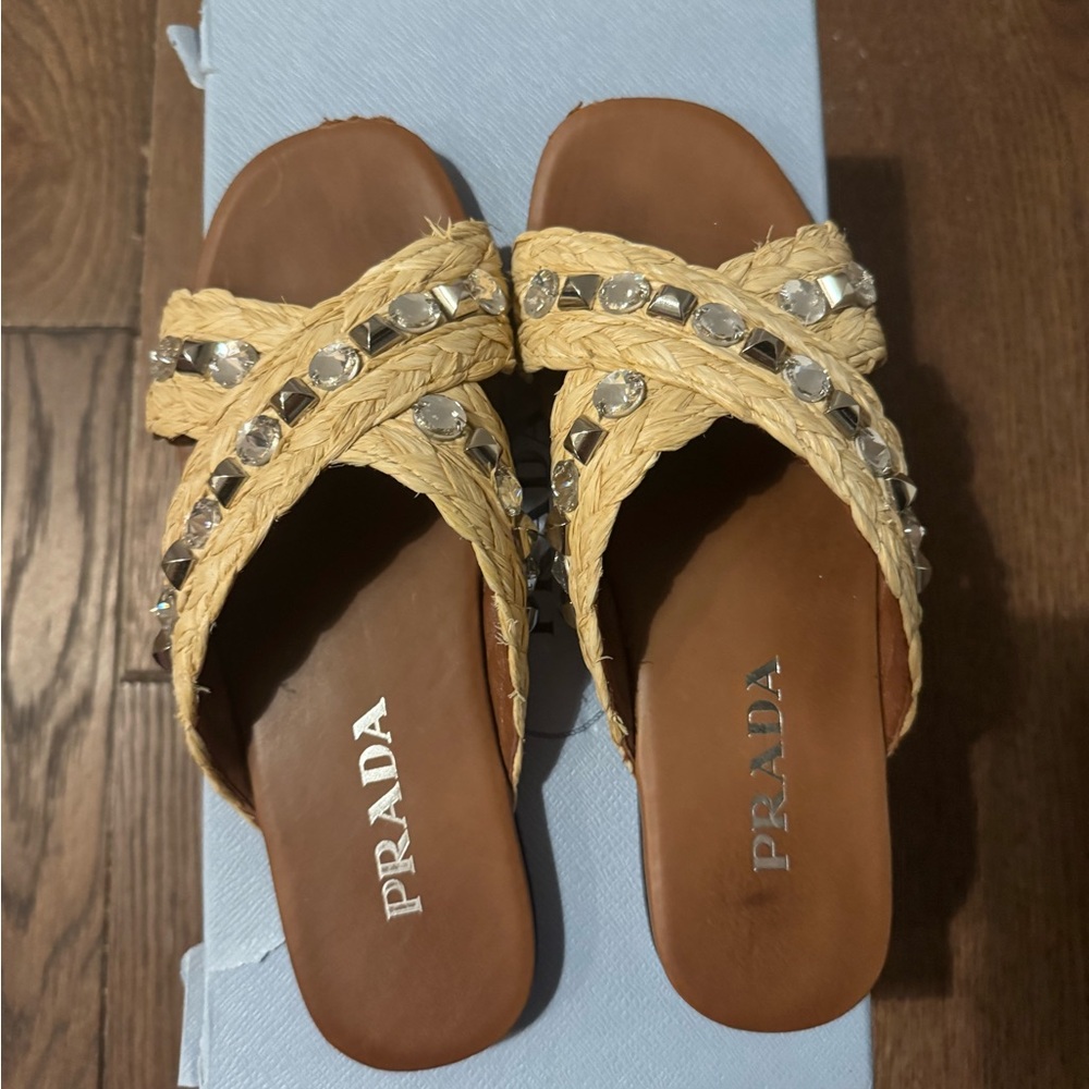 Prada Tan Raffia Crystal-Cross Slide Sandals - Picture 7 of 8